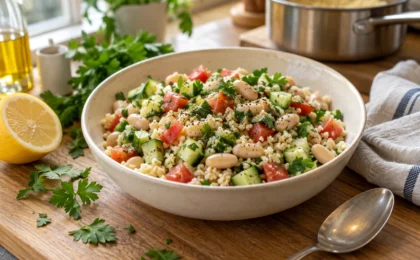 Кускус с белой фасолью, огурцом, помидорами и петрушкой в керамической миске на кухонном столе
